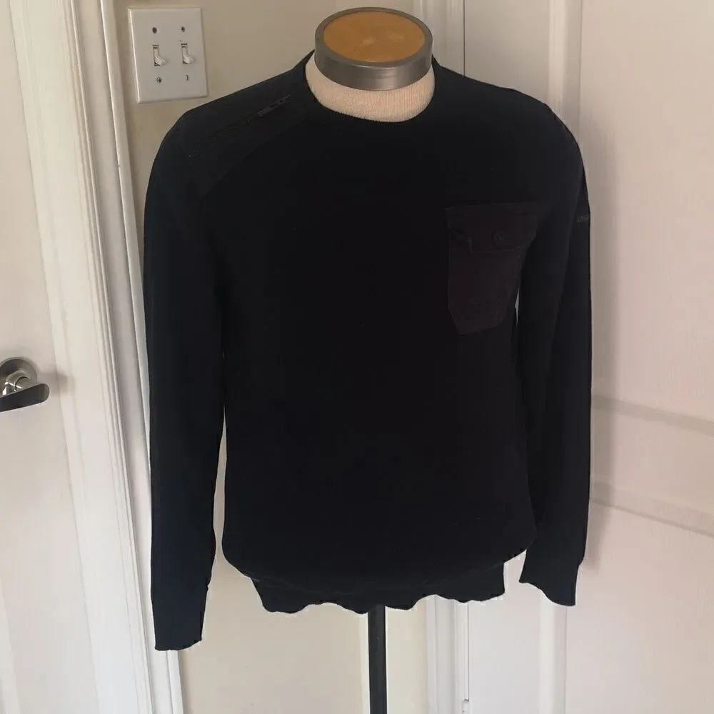 Dissident Men Crew-Neck  Knitted Logo Sweater Medium Navy Blue